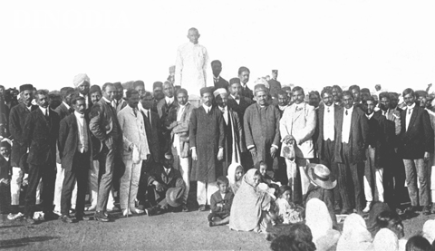 Gandhi addressing a farewell rally in Durban, South African, 1914