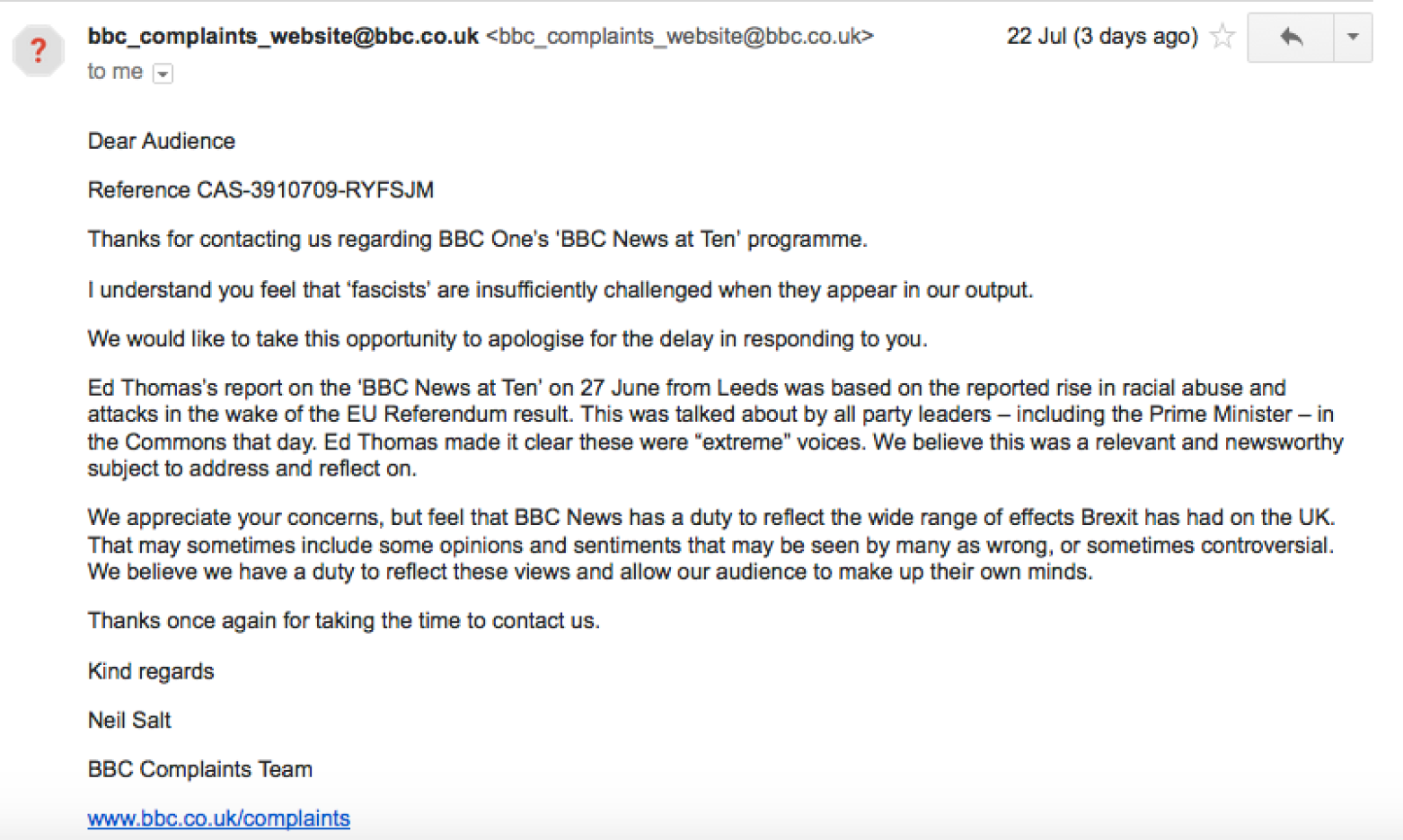 BBC complaints reply, recieved 22 July 2016