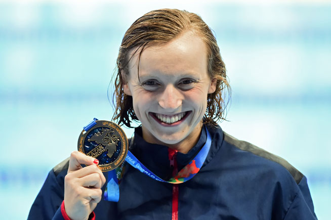 Katie Ledecky of the United States celebrates winning gold in the Women's 200m Freestyle Final on Day 4 of the Rio 2016 Olympic Games at the Olympic Aquatics Stadium on August 9, 2016 in Rio de Janeiro, Brazil.